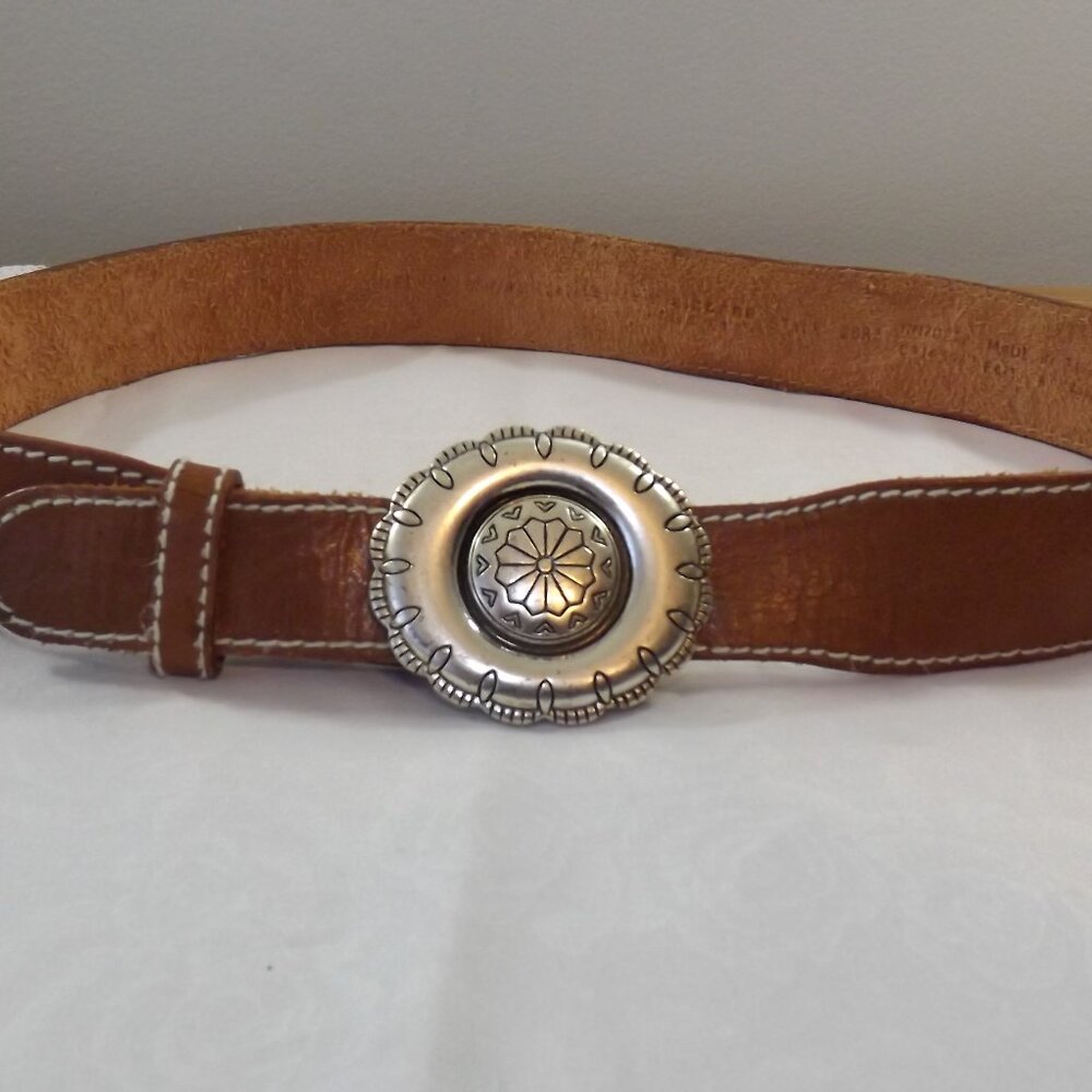 1990 Liz Claiborne Silver tone Belt Buckle on Leather Belt